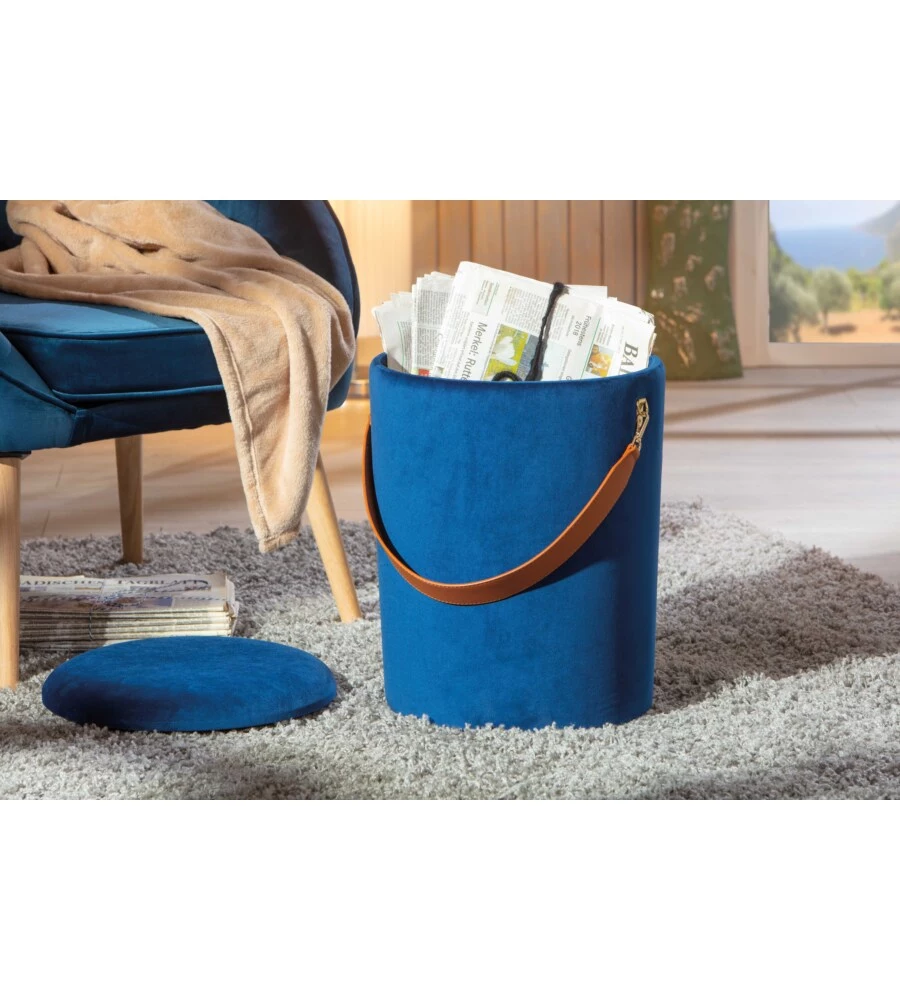 Pouf "secchiello" in velluto blu con maniglia, 35x35x45 cm